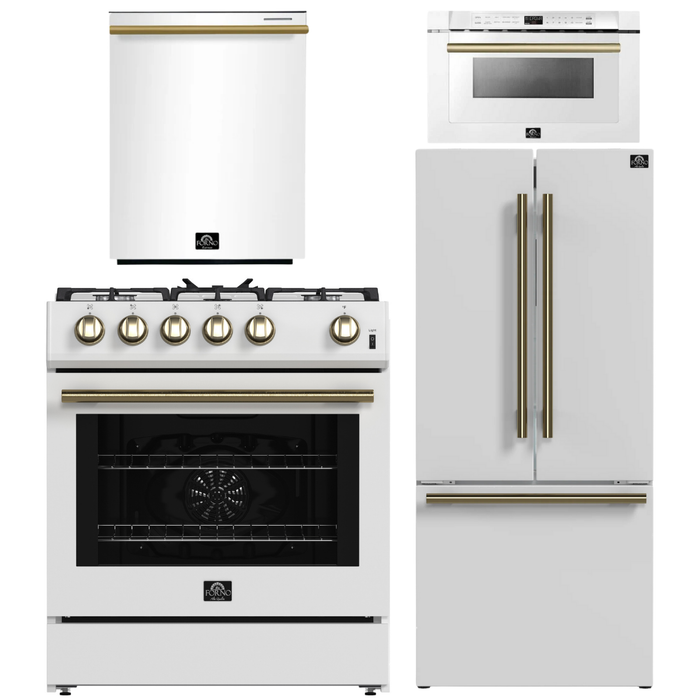FORNO Espresso Package - 30" Gas Range, 30" Refrigerator with Ice Maker, Dishwasher and 24" Microwave Drawer in White with Antique Brass Accents