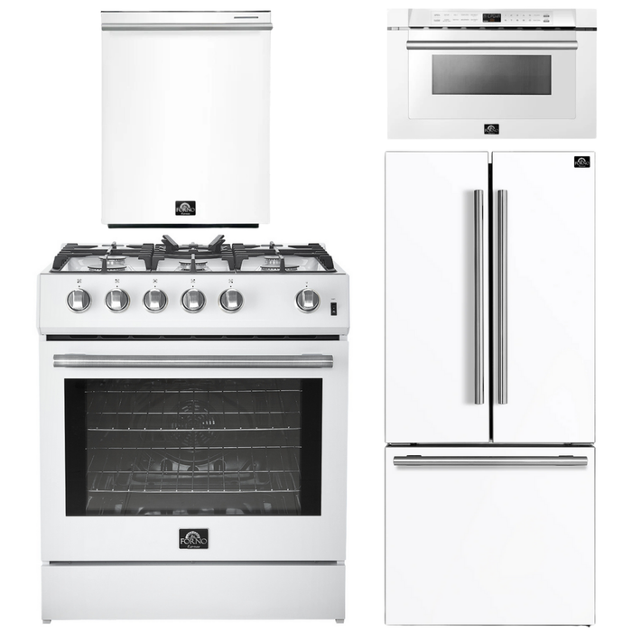 FORNO Espresso Package - 30" Gas Range, 30" Refrigerator with Ice Maker, Dishwasher and 24" Microwave Drawer in White with Silver Accents