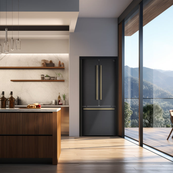 FORNO Espresso Package - 30" Electric Range, Range Hood, 30" Refrigerator with Ice Maker and Dishwasher in Black with Antique Brass Accents