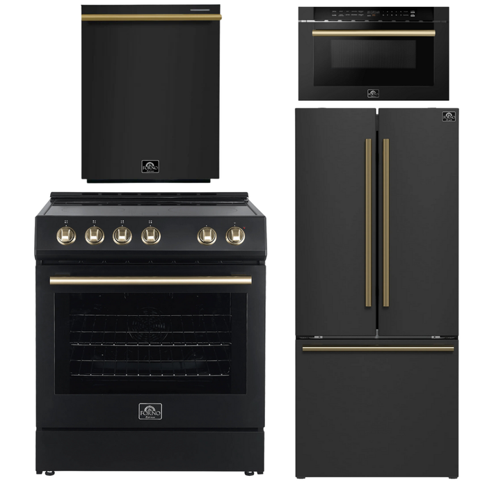 FORNO Espresso Package - 30" Electric Range, 30" Refrigerator with Ice Maker, Dishwasher and 24" Microwave Drawer in Black with Antique Brass Accents