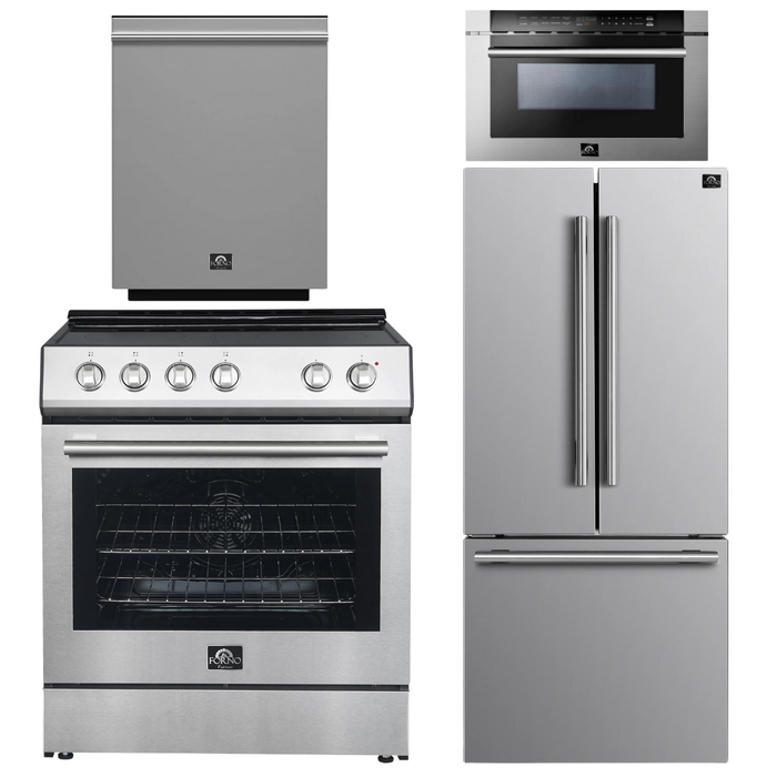 FORNO Espresso Package - 30" Electric Range, 30" Refrigerator with Ice Maker, Dishwasher and 24" Microwave Drawer in Stainless Steel