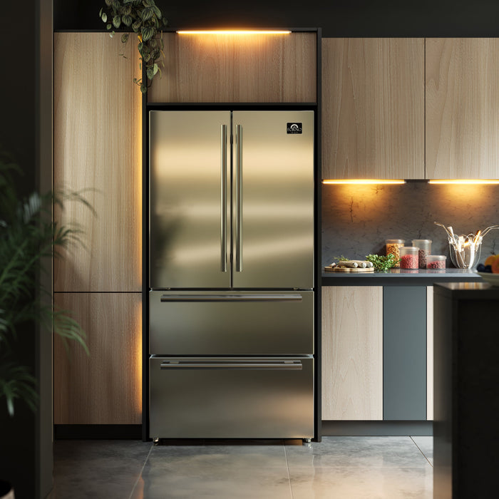 FORNO Espresso Package - 30" Electric Range, 36" Refrigerator with Ice Maker, Dishwasher and 24" Microwave Drawer in Stainless Steel