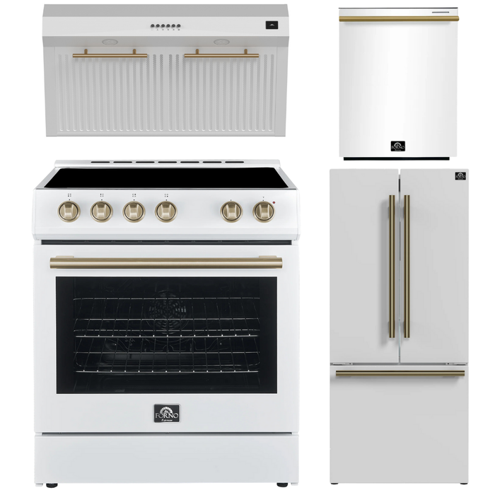 FORNO Espresso Package - 30" Electric Range, Range Hood, 30" Refrigerator with Ice Maker and Dishwasher in White with Antique Brass Accents