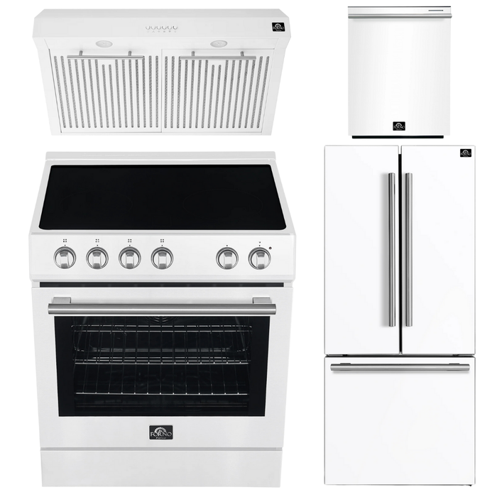 FORNO Espresso Package - 30" Electric Range, Range Hood, 30" Refrigerator with Ice Maker and Dishwasher in White with Silver Accents
