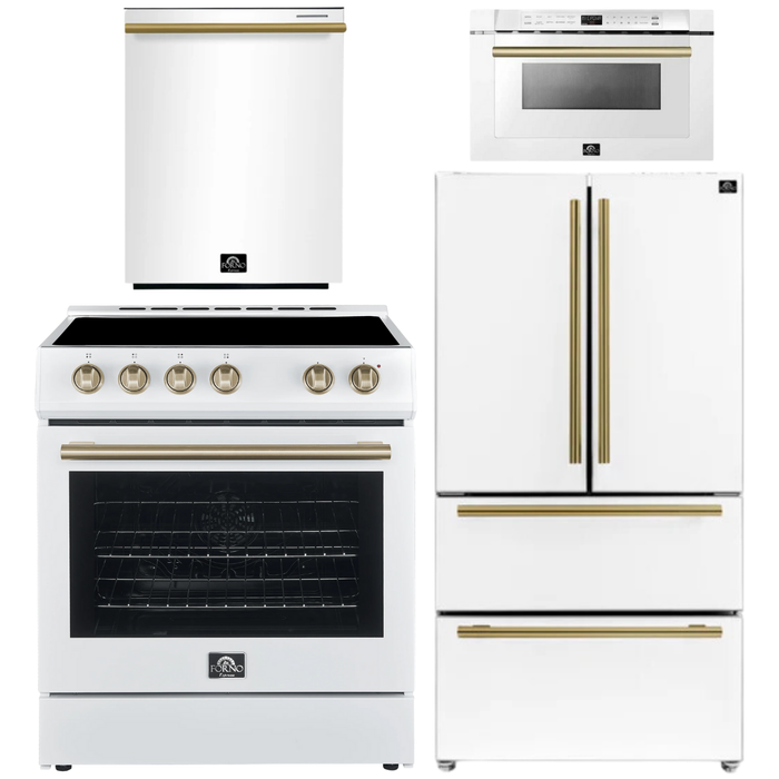 FORNO Espresso Package - 30" Electric Range, 36" Refrigerator with Ice Maker, Dishwasher and 24" Microwave Drawer in Whitewith Antique Brass Accents