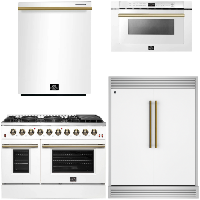 FORNO Galiano Package - 48" Gas Range, 60" Side-by-Side Refrigerator with Grill Trim, Dishwasher and 24" Microwave Drawer in White with Antique Brass Accents