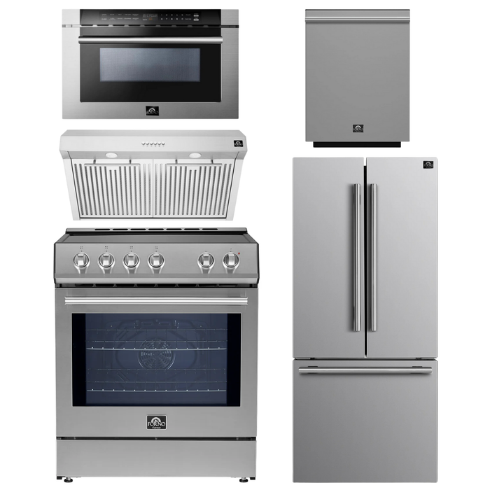 FORNO Espresso Package - 30" Induction Range, Range Hood, 30" Refrigerator with Ice Maker, Dishwasher and 24" Microwave Drawer in Stainless Steel