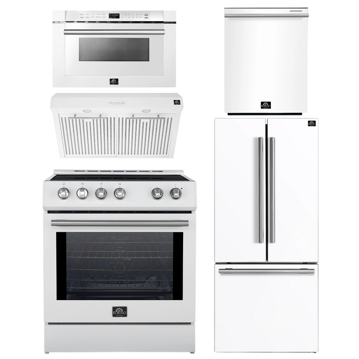 FORNO Espresso Package - 30" Induction Range, Range Hood, 30" Refrigerator with Ice Maker, Dishwasher and 24" Microwave Drawer in White with Silver Accents