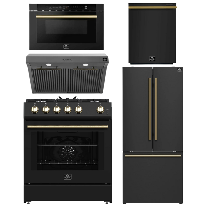 FORNO Espresso Package - 30" Gas Range, Range Hood, 30" Refrigerator with Ice Maker, Dishwasher and 24" Microwave Drawer in Black with Antique Brass Accents