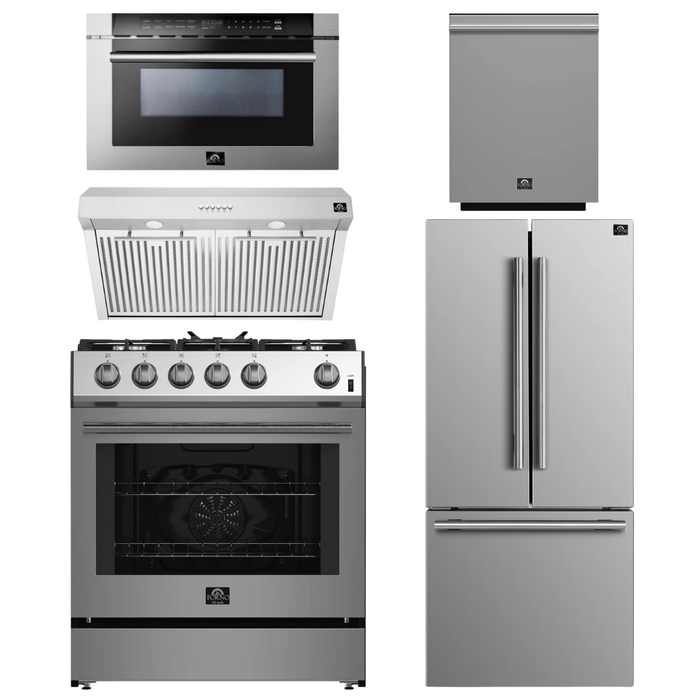FORNO Espresso Package - 30" Gas Range, Range Hood, 30" Refrigerator with Ice Maker, Dishwasher and 24" Microwave Drawer in Stainless Steel