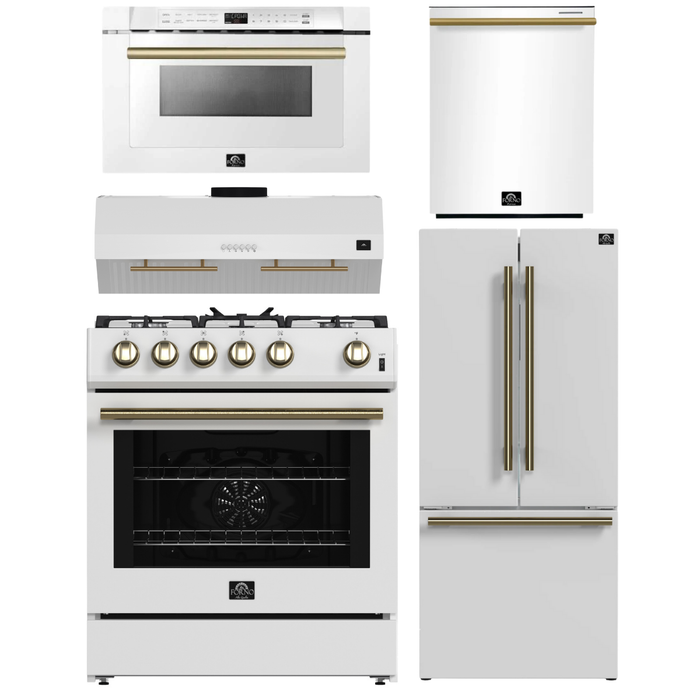FORNO Espresso Package - 30" Gas Range, Range Hood, 30" Refrigerator with Ice Maker, Dishwasher and 24" Microwave Drawer in White with Antique Brass Accents