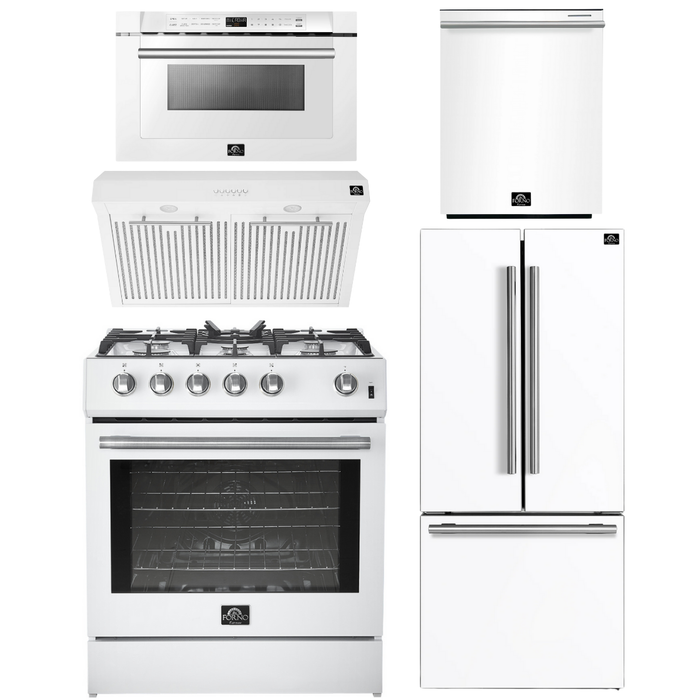 FORNO Espresso Package - 30" Gas Range, Range Hood, 30" Refrigerator with Ice Maker, Dishwasher and 24" Microwave Drawer in White with Silver Accents