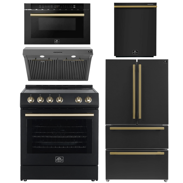 FORNO Espresso Package - 30" Electric Range, Range Hood, 36" Refrigerator with Ice Maker, Dishwasher and 24" Microwave Drawer in Black with Antique Brass Accents