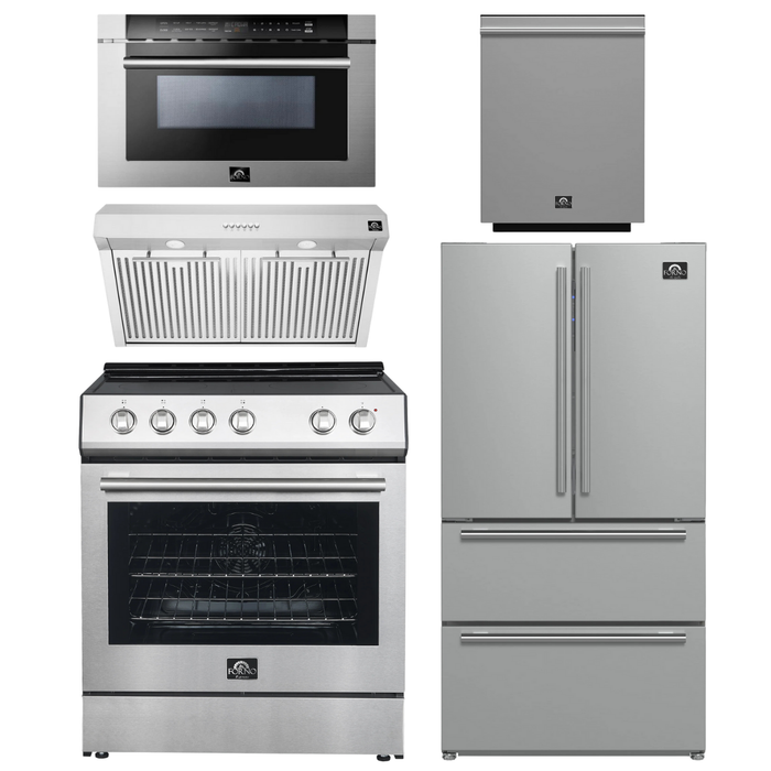 FORNO Espresso Package - 30" Electric Range, Range Hood, 36" Refrigerator with Ice Maker, Dishwasher and 24" Microwave Drawer in Stainless Steel