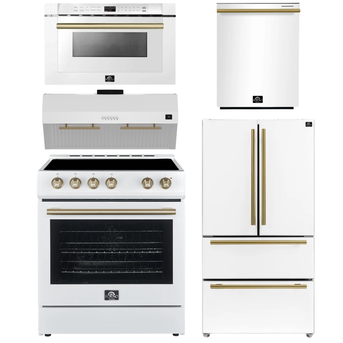 FORNO Espresso Package - 30" Electric Range, Range Hood, 36" Refrigerator with Ice Maker, Dishwasher and 24" Microwave Drawer in White with Antique Brass Accents