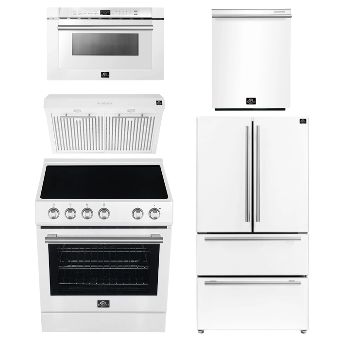 FORNO Espresso Package - 30" Electric Range, Range Hood, 36" Refrigerator with Ice Maker, Dishwasher and 24" Microwave Drawer in White with Silver Accents