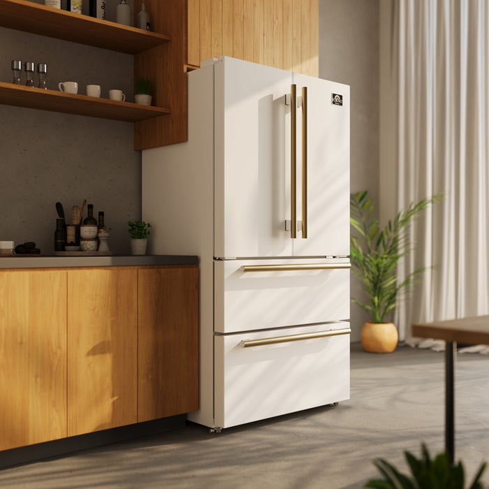 FORNO Antico Package - 36" Gas Range, Range Hood, 36" Refrigerator with Ice Maker, Dishwasher and 24" Microwave Drawer in White with Antique Brass Accents