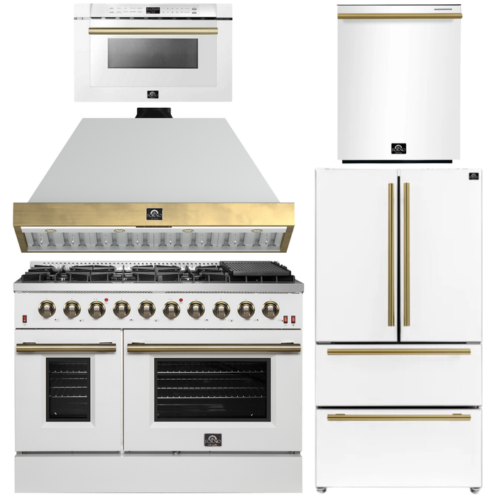 FORNO Galiano Package - 48" Gas Range, Range Hood, 36" Refrigerator with Ice Maker, Dishwasher and 24" Microwave Drawer in White with Antique Brass Accents