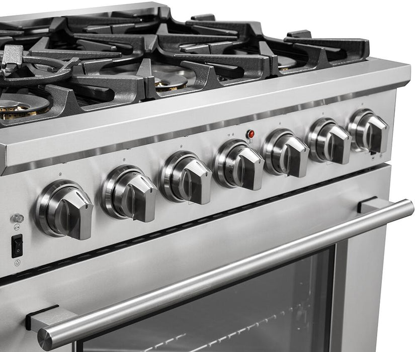 FORNO Appliance Package - 36 Inch Pro Gas Range, Wall Mount Range Hood, Microwave Drawer, AP-FFSGS6260-36-3