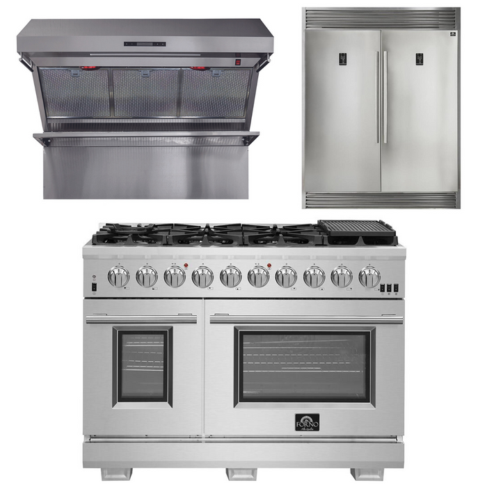 FORNO Appliance Package - 48 Inch Pro Gas Range, Wall Mount Range Hood, Refrigerator, FBDL-019-05US