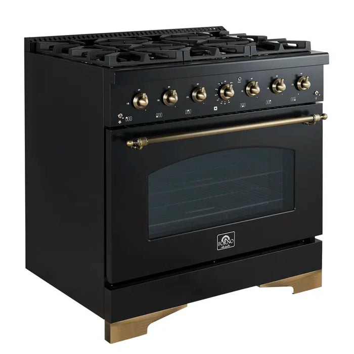 FORNO Antico 36" 4.5 cu. ft. Gas Range with 6 Sealed Burners in Black with Antique Brass Accents, FFSGS6219-36BLK