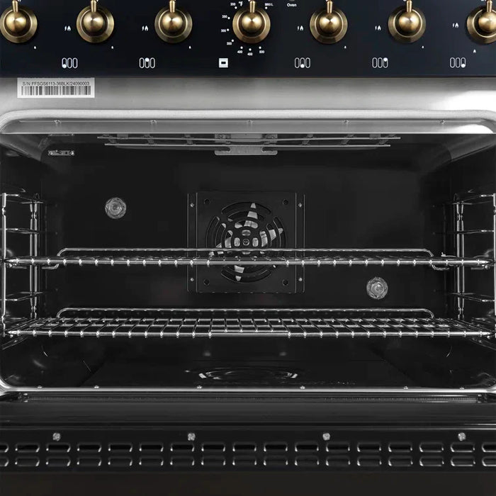 FORNO Antico 36" 4.5 cu. ft. Dual Fuel Range with 6 Sealed Burners in Black with Antique Brass Accents, FFSGS6113-36BLK
