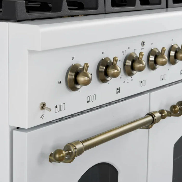 FORNO Antico 48" 5.5 cu. ft. Dual Fuel Range with 8 Sealed Burners and Griddle in White with Antique Brass Accents, FFSGS6113-48WHT