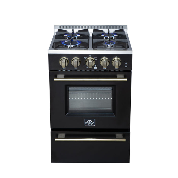FORNO Breno 24" 2.3 cu.ft Freestanding Gas Range with 4 Sealed Burners and Air Fryer in Black with Antique Brass Accents, FFSGS6272-24BLK