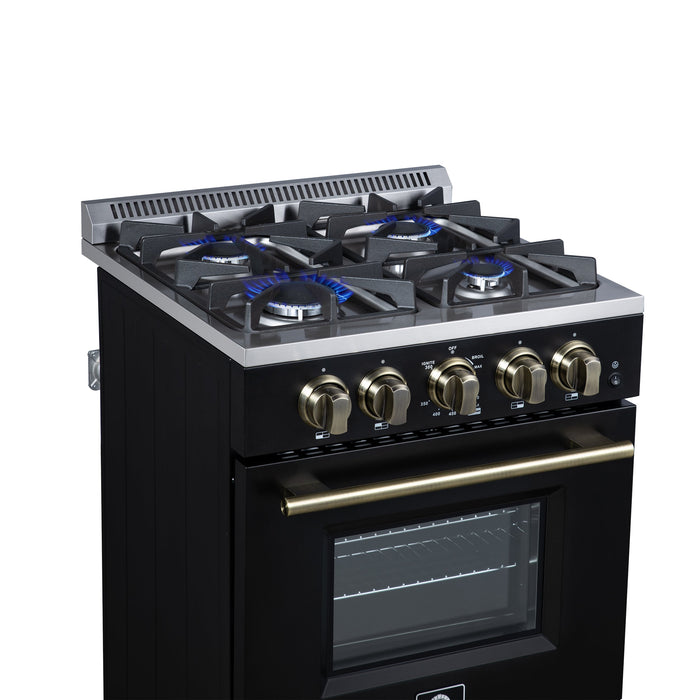 FORNO Breno 24" 2.3 cu.ft Freestanding Gas Range with 4 Sealed Burners and Air Fryer in Black with Antique Brass Accents, FFSGS6272-24BLK