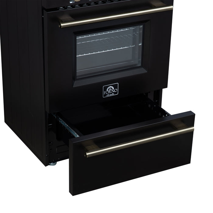 FORNO Breno 24" 2.3 cu.ft Freestanding Gas Range with 4 Sealed Burners and Air Fryer in Black with Antique Brass Accents, FFSGS6272-24BLK