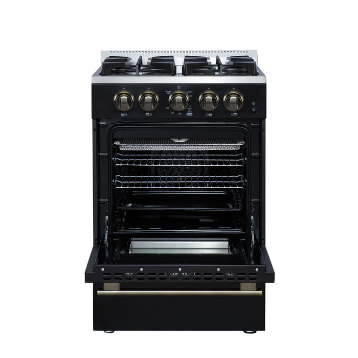 FORNO Breno 24" 2.3 cu.ft Freestanding Gas Range with 4 Sealed Burners and Air Fryer in Black with Antique Brass Accents, FFSGS6272-24BLK