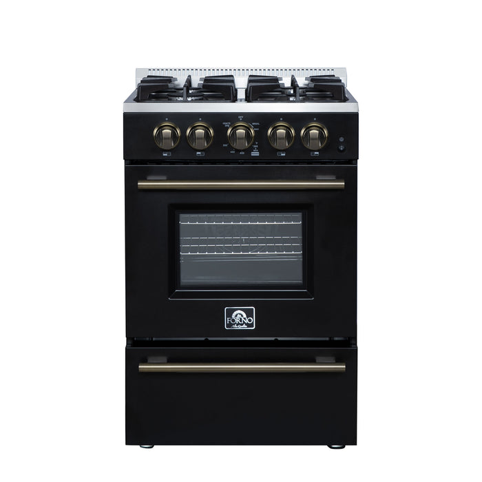 FORNO Breno 24" 2.3 cu.ft Freestanding Gas Range with 4 Sealed Burners and Air Fryer in Black with Antique Brass Accents, FFSGS6272-24BLK