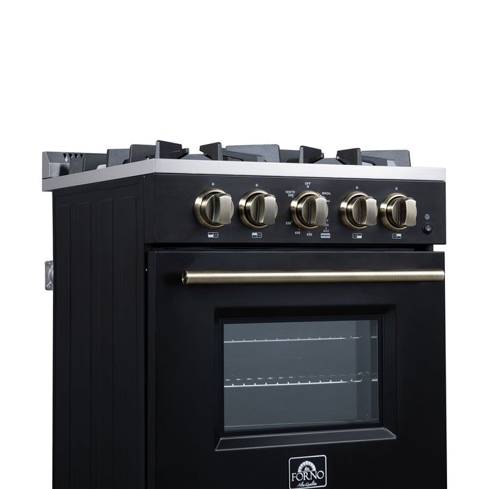 FORNO Breno 24" 2.3 cu.ft Freestanding Gas Range with 4 Sealed Burners and Air Fryer in Black with Antique Brass Accents, FFSGS6272-24BLK