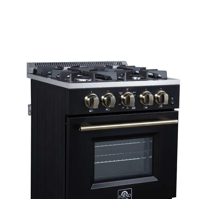 FORNO Breno 24" 2.3 cu.ft Freestanding Gas Range with 4 Sealed Burners and Air Fryer in Black with Antique Brass Accents, FFSGS6272-24BLK