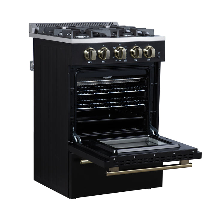FORNO Breno 24" 2.3 cu.ft Freestanding Gas Range with 4 Sealed Burners and Air Fryer in Black with Antique Brass Accents, FFSGS6272-24BLK