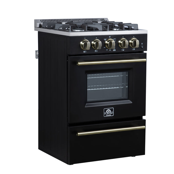FORNO Breno 24" 2.3 cu.ft Freestanding Gas Range with 4 Sealed Burners and Air Fryer in Black with Antique Brass Accents, FFSGS6272-24BLK