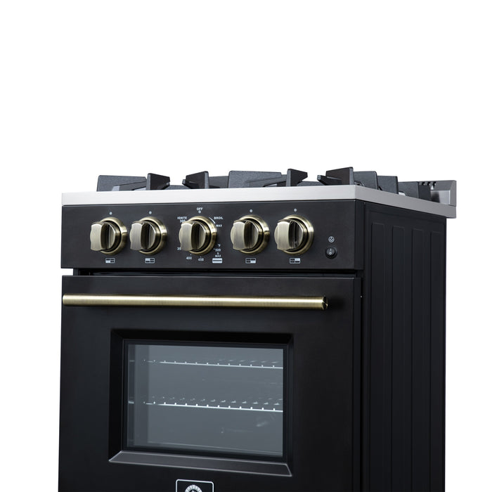 FORNO Breno 24" 2.3 cu.ft Freestanding Gas Range with 4 Sealed Burners and Air Fryer in Black with Antique Brass Accents, FFSGS6272-24BLK