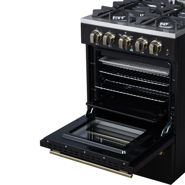 FORNO Breno 24" 2.3 cu.ft Freestanding Gas Range with 4 Sealed Burners and Air Fryer in Black with Antique Brass Accents, FFSGS6272-24BLK