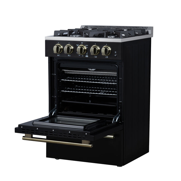 FORNO Breno 24" 2.3 cu.ft Freestanding Gas Range with 4 Sealed Burners and Air Fryer in Black with Antique Brass Accents, FFSGS6272-24BLK