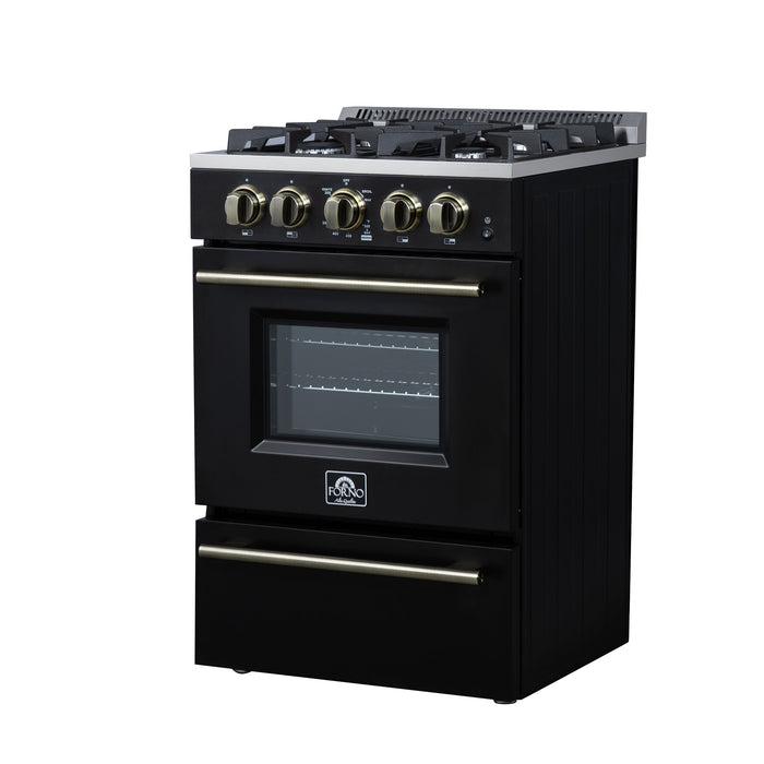 FORNO Breno 24" 2.3 cu.ft Freestanding Gas Range with 4 Sealed Burners and Air Fryer in Black with Antique Brass Accents, FFSGS6272-24BLK