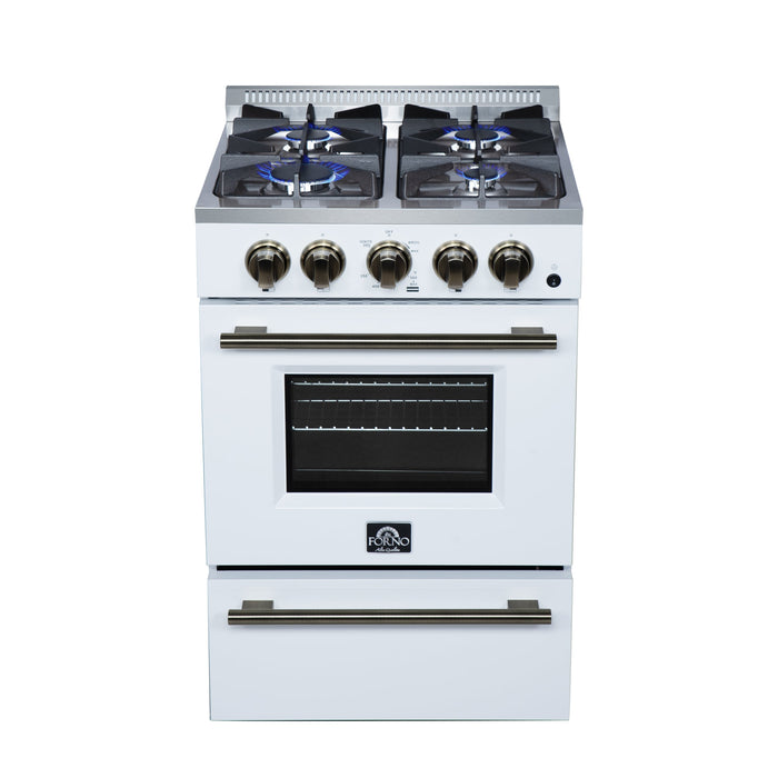 FORNO Breno 24" 2.3 cu.ft Freestanding Gas Range with 4 Sealed Burners and Air Fryer Kit in White with Antique Brass Accents, FFSGS6272-24WHT