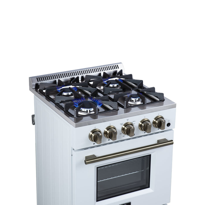 FORNO Breno 24" 2.3 cu.ft Freestanding Gas Range with 4 Sealed Burners and Air Fryer Kit in White with Antique Brass Accents, FFSGS6272-24WHT