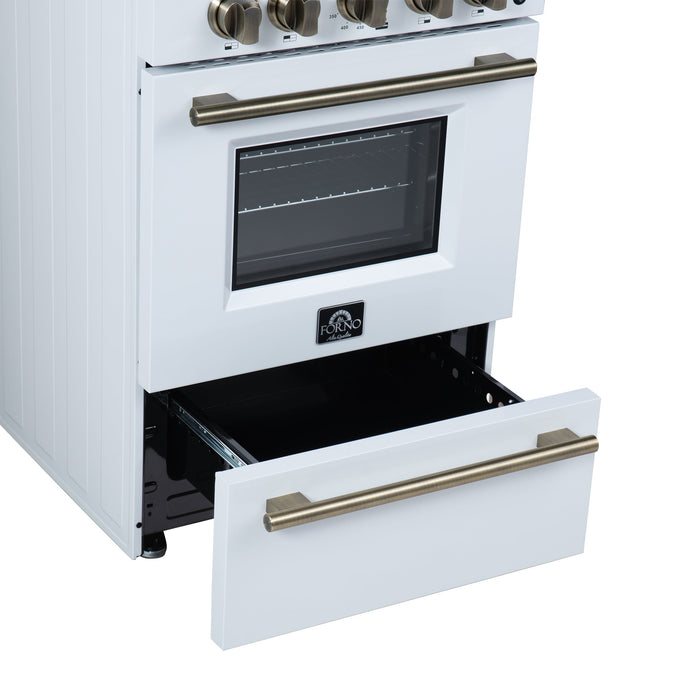 FORNO Breno 24" 2.3 cu.ft Freestanding Gas Range with 4 Sealed Burners and Air Fryer Kit in White with Antique Brass Accents, FFSGS6272-24WHT