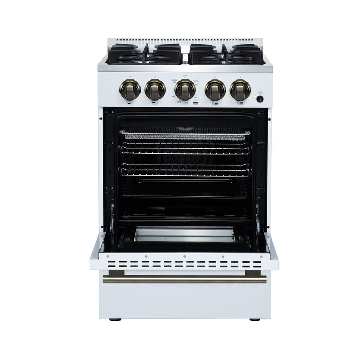 FORNO Breno 24" 2.3 cu.ft Freestanding Gas Range with 4 Sealed Burners and Air Fryer Kit in White with Antique Brass Accents, FFSGS6272-24WHT