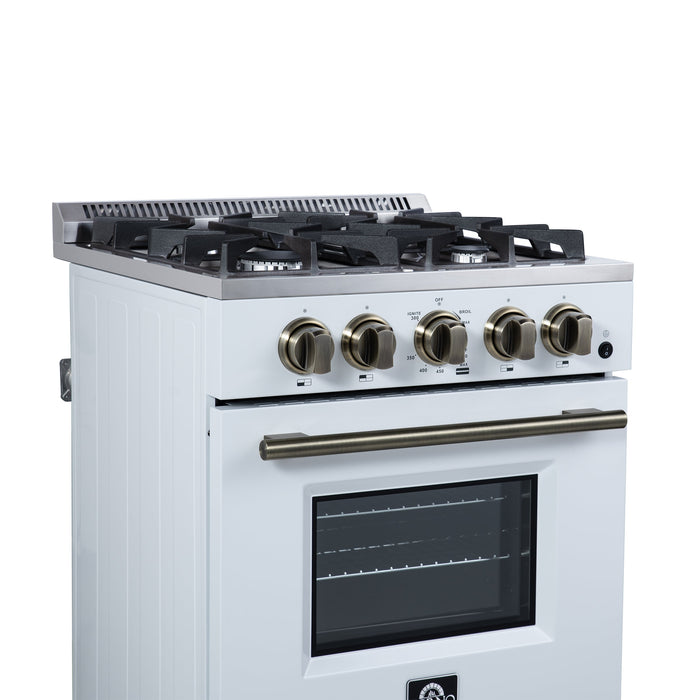 FORNO Breno 24" 2.3 cu.ft Freestanding Gas Range with 4 Sealed Burners and Air Fryer Kit in White with Antique Brass Accents, FFSGS6272-24WHT