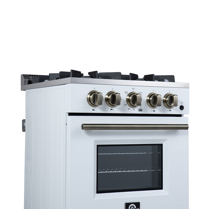FORNO Breno 24" 2.3 cu.ft Freestanding Gas Range with 4 Sealed Burners and Air Fryer Kit in White with Antique Brass Accents, FFSGS6272-24WHT