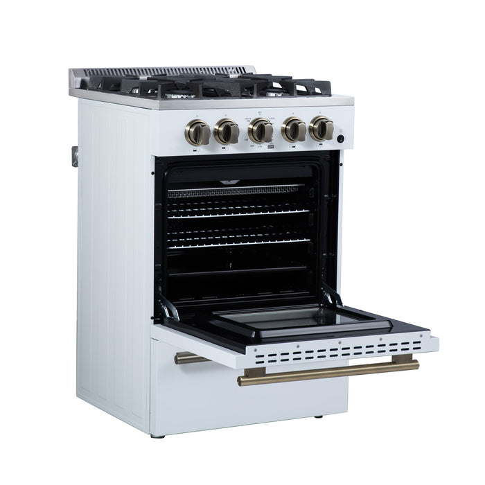FORNO Breno 24" 2.3 cu.ft Freestanding Gas Range with 4 Sealed Burners and Air Fryer Kit in White with Antique Brass Accents, FFSGS6272-24WHT
