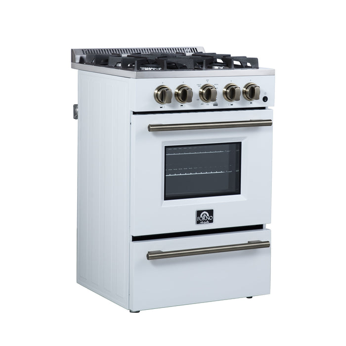 FORNO Breno 24" 2.3 cu.ft Freestanding Gas Range with 4 Sealed Burners and Air Fryer Kit in White with Antique Brass Accents, FFSGS6272-24WHT