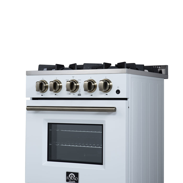 FORNO Breno 24" 2.3 cu.ft Freestanding Gas Range with 4 Sealed Burners and Air Fryer Kit in White with Antique Brass Accents, FFSGS6272-24WHT