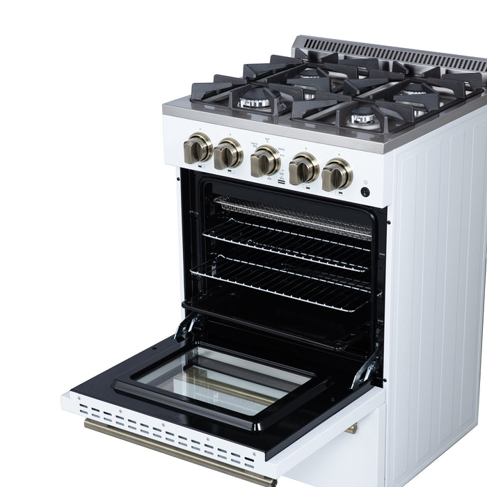 FORNO Breno 24" 2.3 cu.ft Freestanding Gas Range with 4 Sealed Burners and Air Fryer Kit in White with Antique Brass Accents, FFSGS6272-24WHT